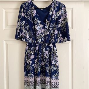 Blue/Green Floral V-Neck Dress